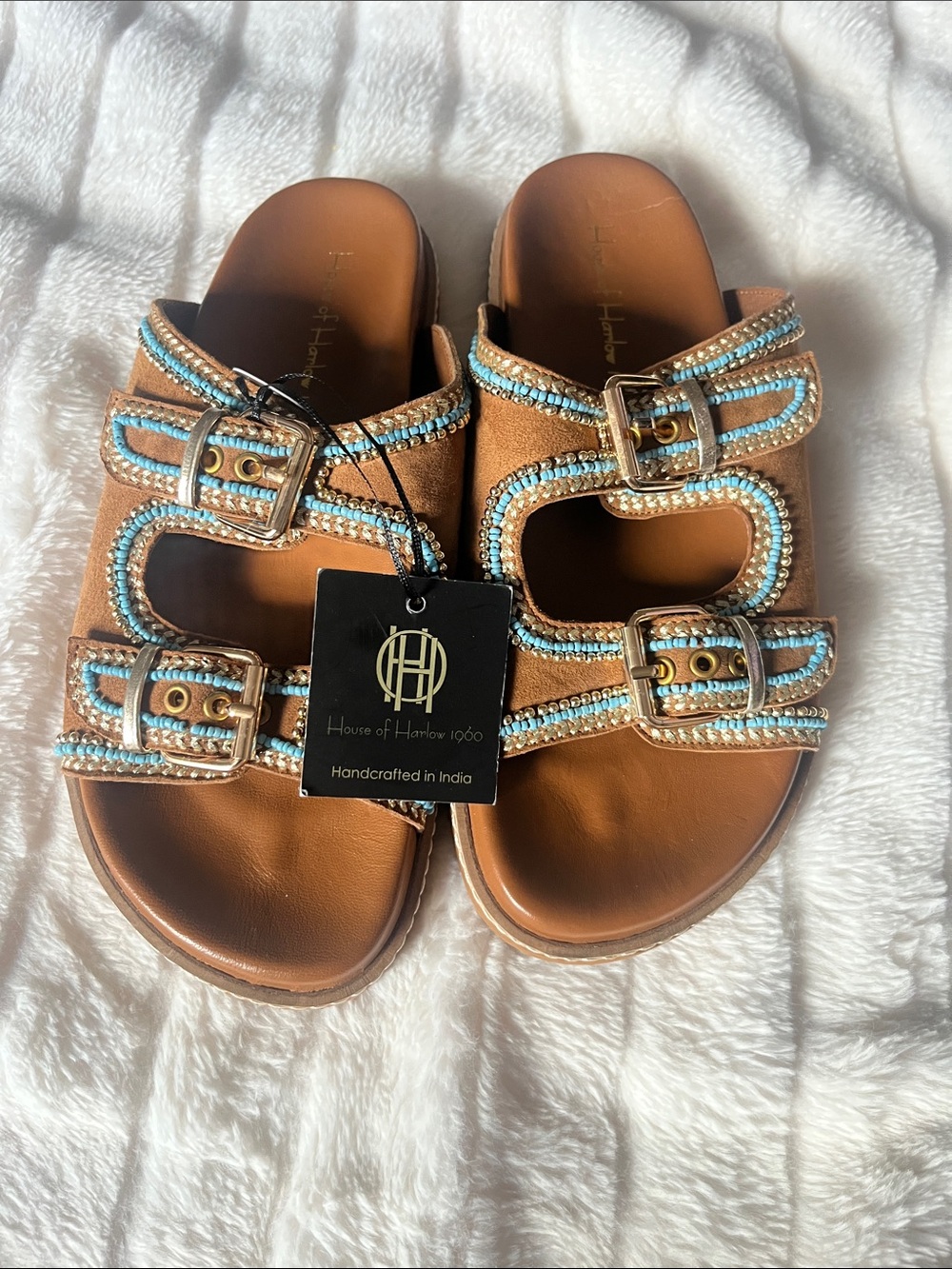 House of Harlow 1960 Tan/Blue Beaded Sandals With Buckle Accents